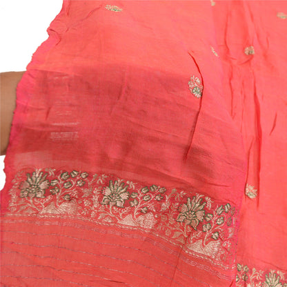 Sanskriti Vintage Dupatta Long Stole Pure Silk Peach Woven Brocade Zari Scarves