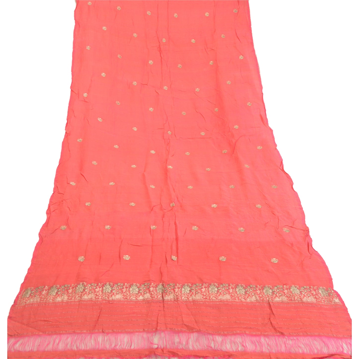 Sanskriti Vintage Dupatta Long Stole Pure Silk Peach Woven Brocade Zari Scarves