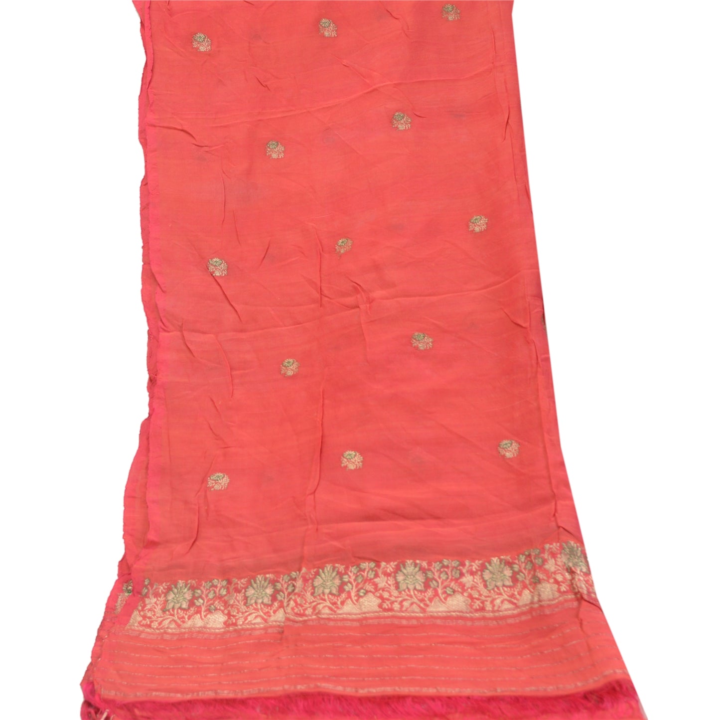 Sanskriti Vintage Dupatta Long Stole Pure Silk Peach Woven Brocade Zari Scarves