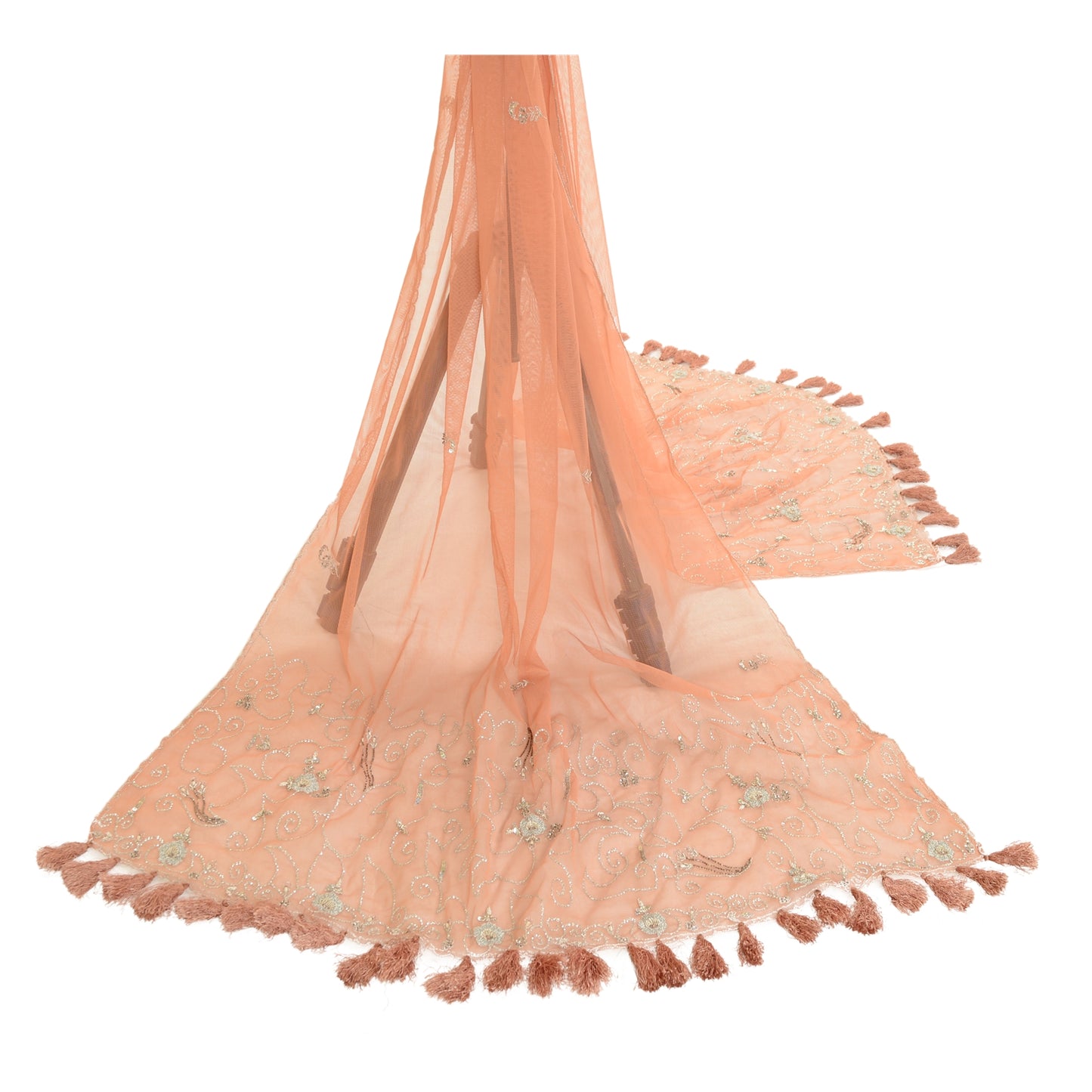 Sanskriti Vintage Dupatta Long Stole Net Mesh Peach Veil Hand Beaded Scarves