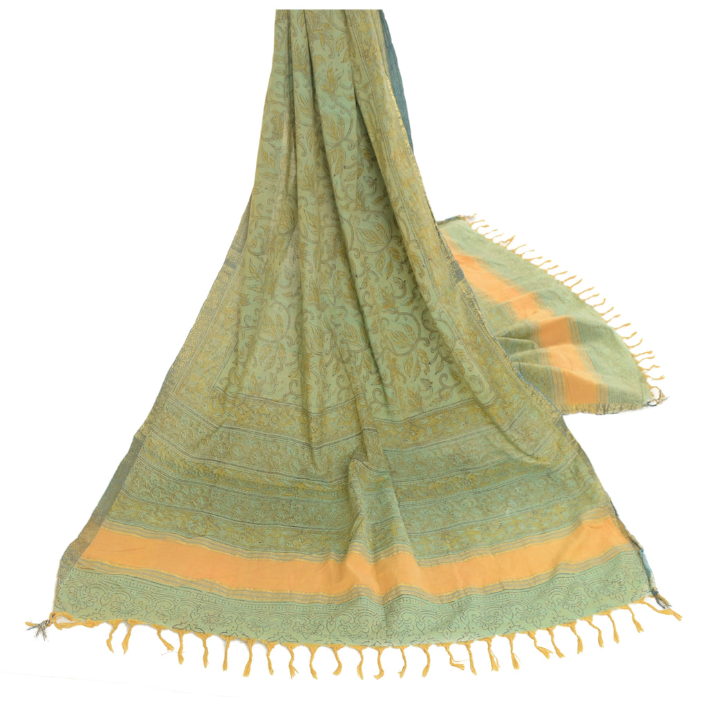 Sanskriti Vintage Dupatta Long Stole Pure Cotton Green Block Printed Hijab