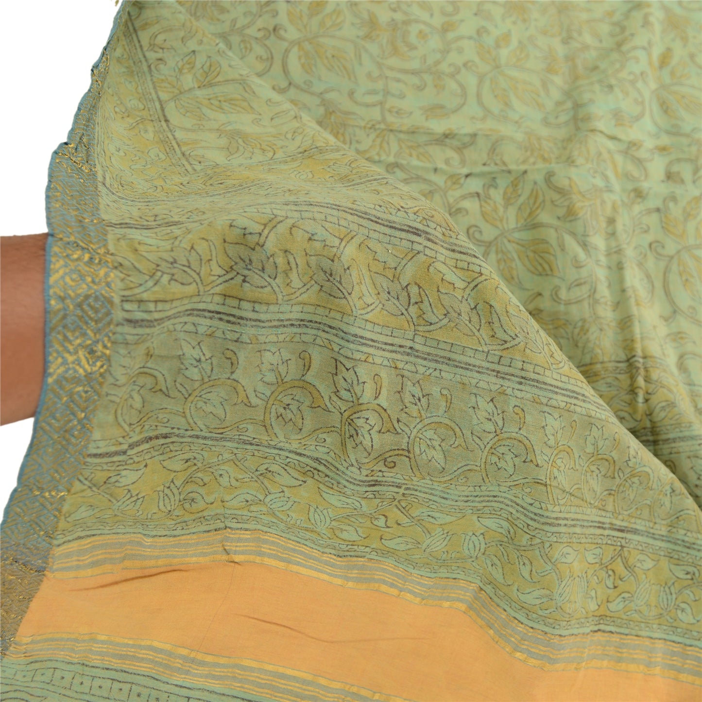 Sanskriti Vintage Dupatta Long Stole Pure Cotton Green Block Printed Hijab