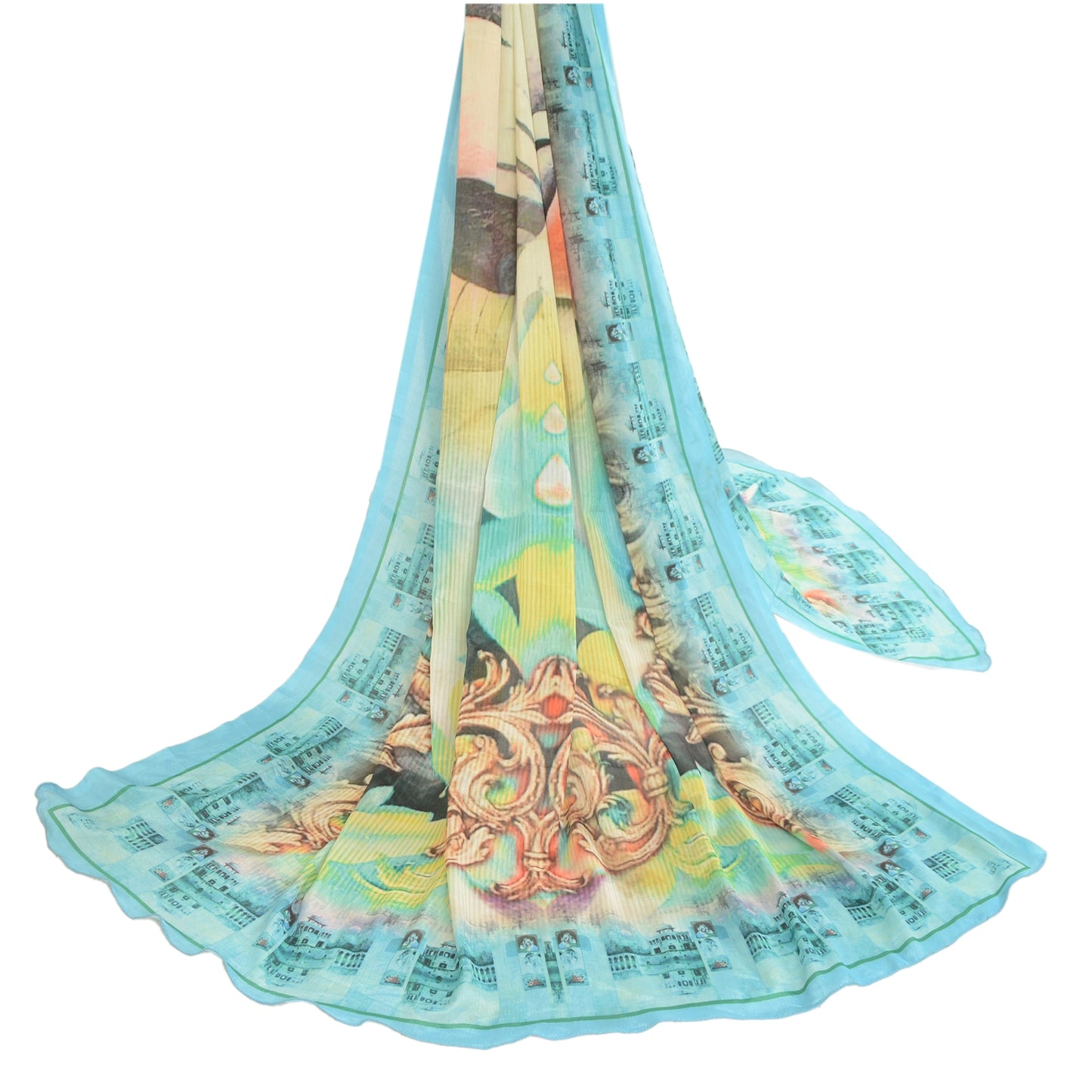 Sanskriti Vintage Dupatta Long Stole Art Silk Blue Digital Printed Mythological