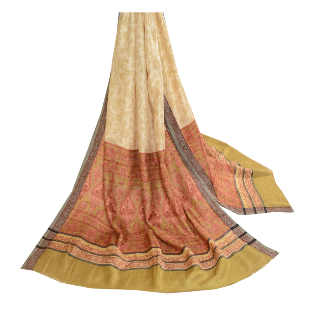 Sanskriti Vintage Dupatta Long Stole Woolen Ivory Shawl Printed Floral Scarves