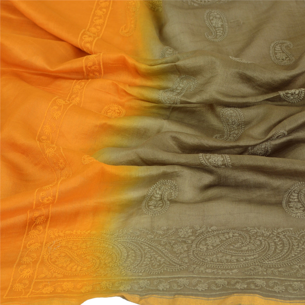 Sanskriti Vintage Dupatta Long Stole Blend Silk Grey Embroidered Scarves