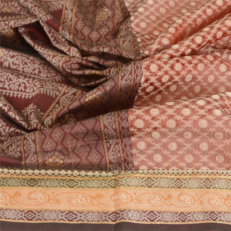 Sanskriti Vintage Dupatta Long Stole Blend Silk Brick Red Floral Hand Woven Veil