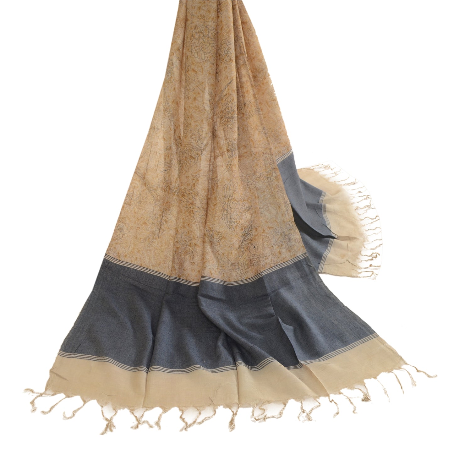 Sanskriti Vintage Dupatta Long Stole Pure Silk Beige Hijab Printed Soft Scarves