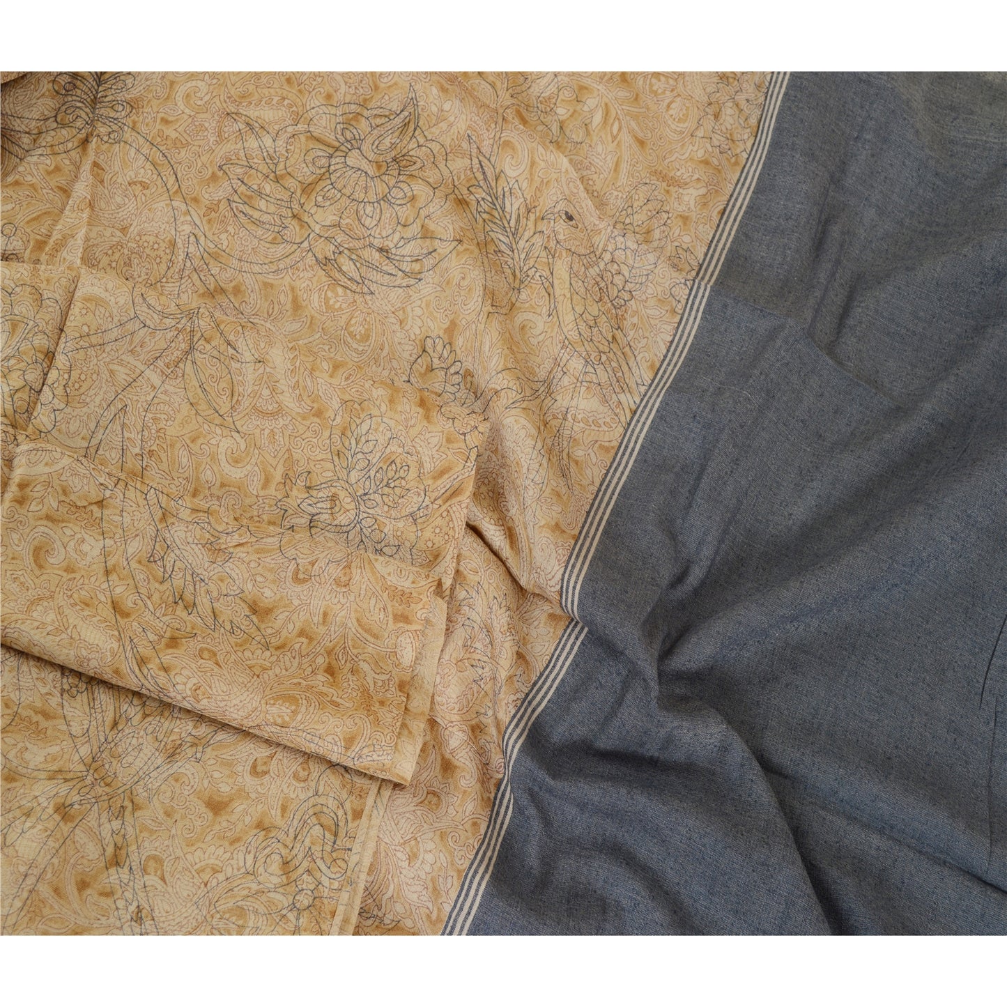 Sanskriti Vintage Dupatta Long Stole Pure Silk Beige Hijab Printed Soft Scarves