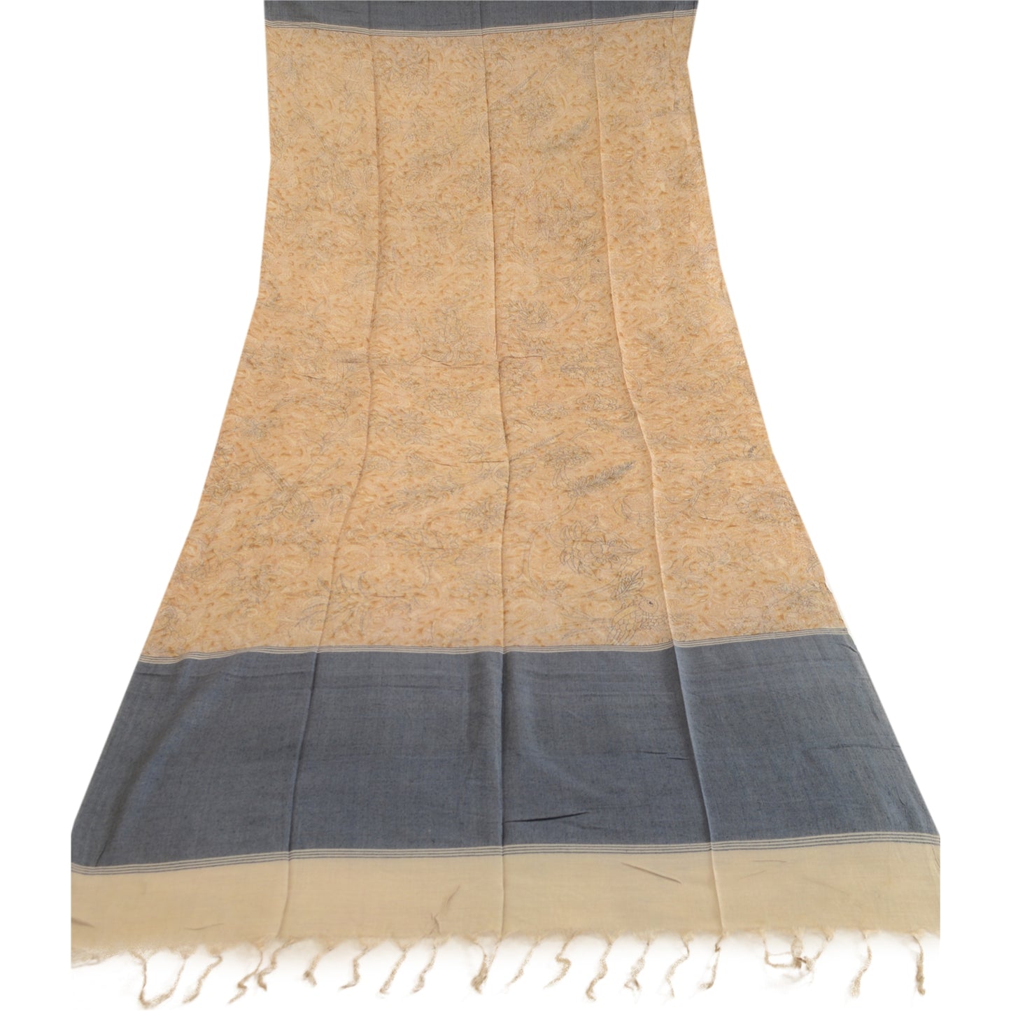 Sanskriti Vintage Dupatta Long Stole Pure Silk Beige Hijab Printed Soft Scarves