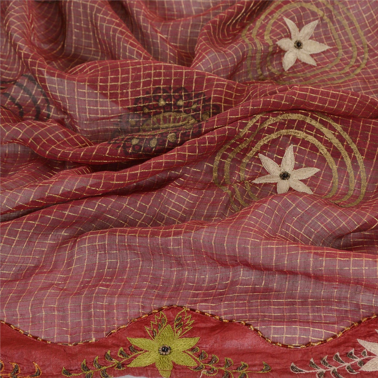 Sanskriti Vintage Dupatta Long Stole Cotton Red Hand Beaded Woven Scarves