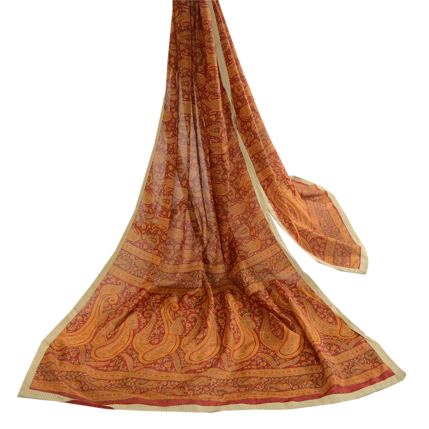 Sanskriti Vintage Dupatta Long Stole Pure Silk Hijab Dark Red Printed Scarves