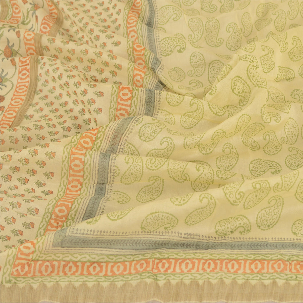 anskriti Vintage Dupatta Long Stole Pure Chanderi Silk Ivory Block Printed Veil