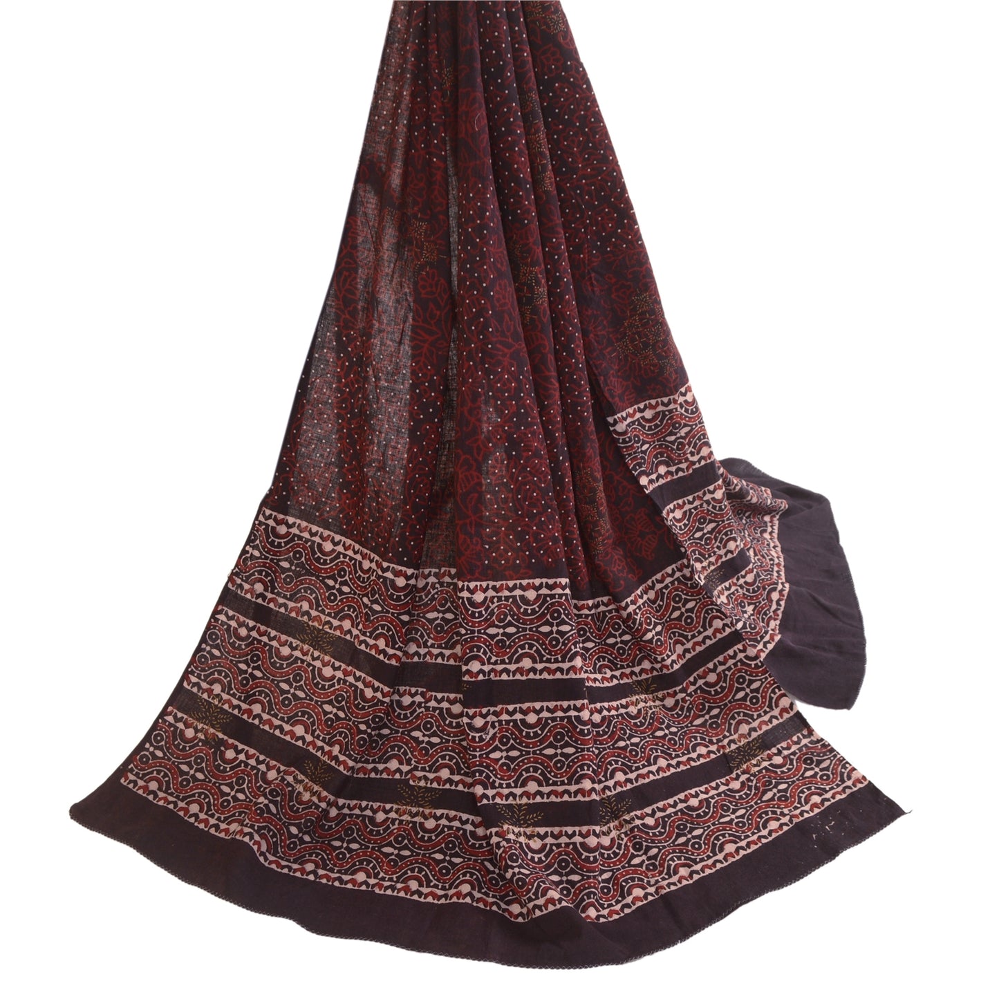 Sanskriti Vintage Dupatta Long Stole Pure Cotton Dark Brown Hand Block-Printed