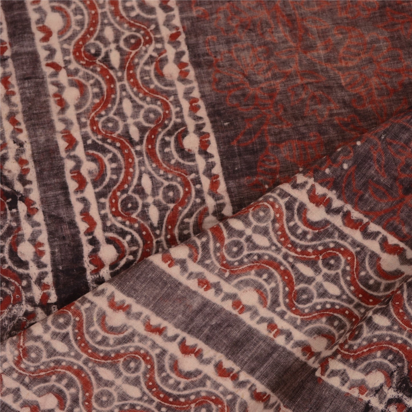 Sanskriti Vintage Dupatta Long Stole Pure Cotton Dark Brown Hand Block-Printed