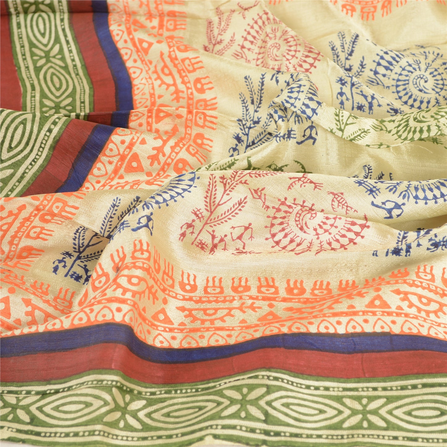 Sanskriti Vintage Dupatta Long Stole Blend Silk Ivory Warli Printed Wrap Scarves