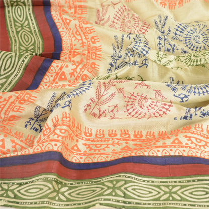 Sanskriti Vintage Dupatta Long Stole Blend Silk Ivory Warli Printed Wrap Scarves