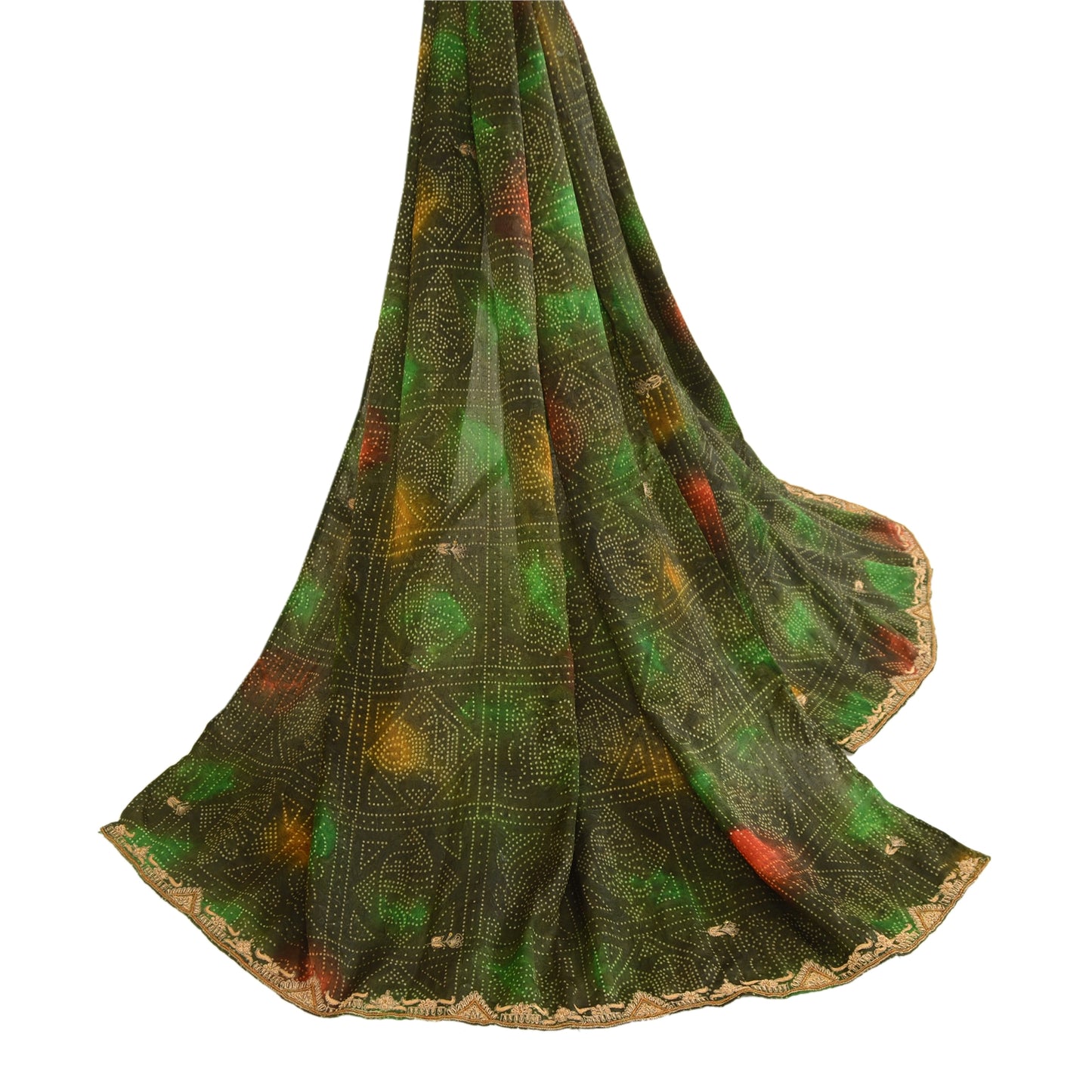Sanskriti Vintage Dupatta Long Stole Pure Silk Green Hijab Hand Beaded Scarves