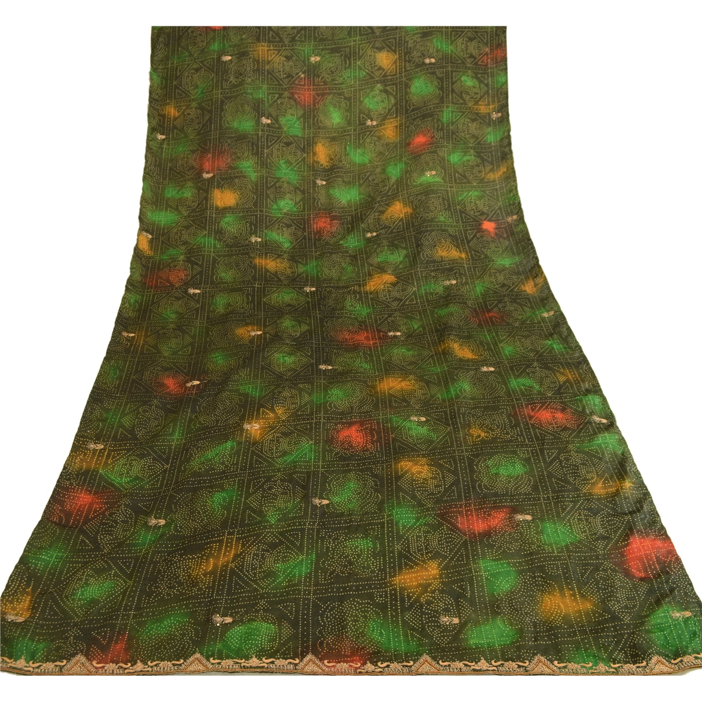 Sanskriti Vintage Dupatta Long Stole Pure Silk Green Hijab Hand Beaded Scarves