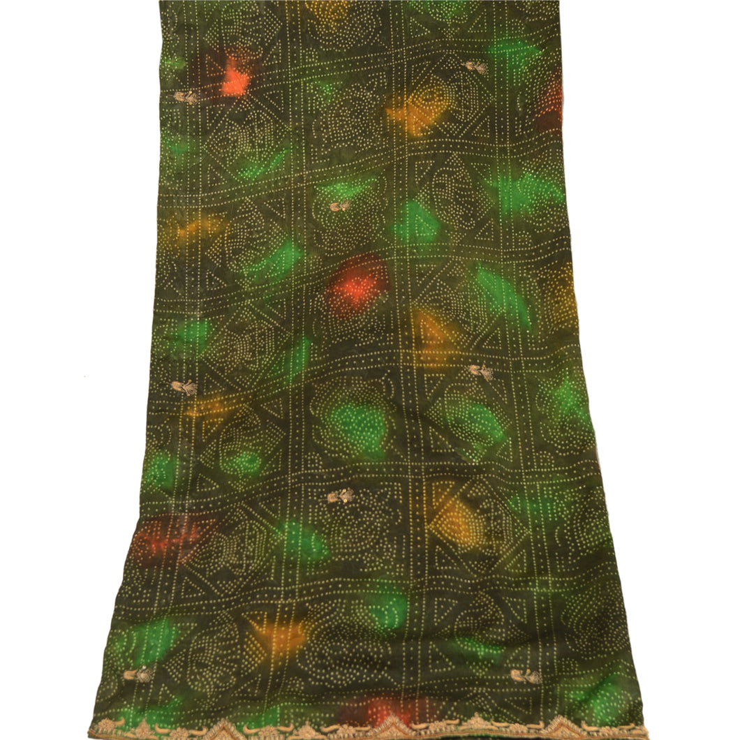 Sanskriti Vintage Dupatta Long Stole Pure Silk Green Hijab Hand Beaded Scarves