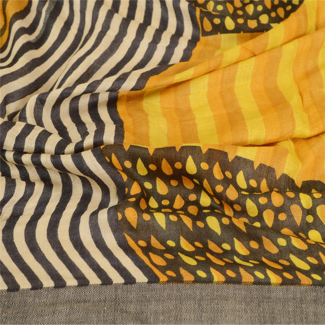 Sanskriti Vintage Dupatta Long Stole Pure Woollen Yellow Printed Wrap Scarves