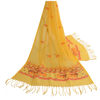 Sanskriti Vintage Dupatta Long Stole Cotton Yellow Hand-Painted Embroidered