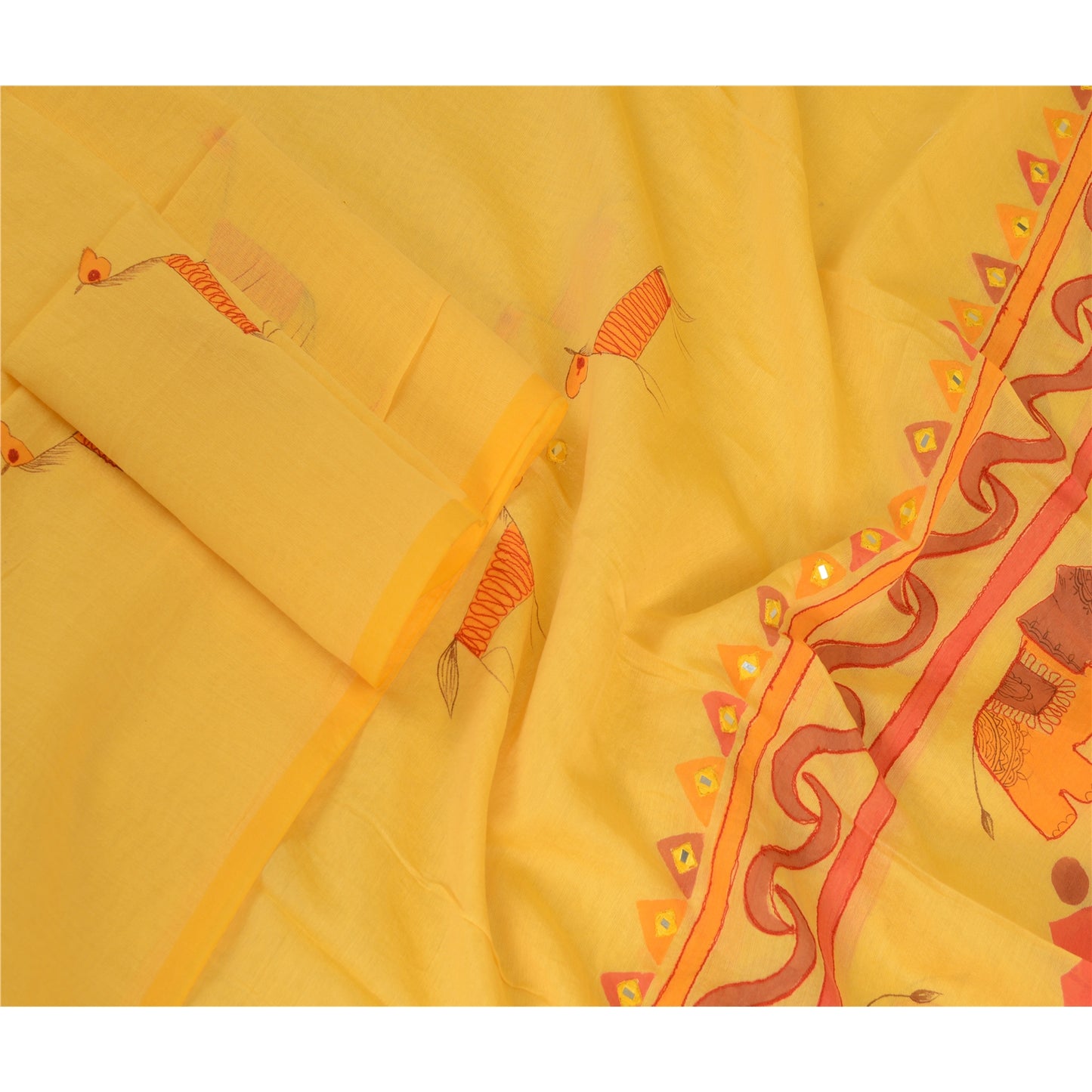 Sanskriti Vintage Dupatta Long Stole Cotton Yellow Hand-Painted Embroidered