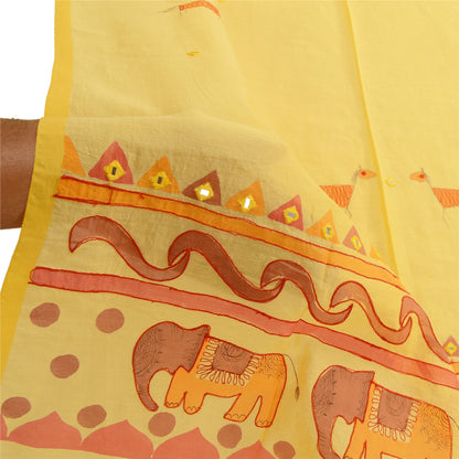 Sanskriti Vintage Dupatta Long Stole Cotton Yellow Hand-Painted Embroidered
