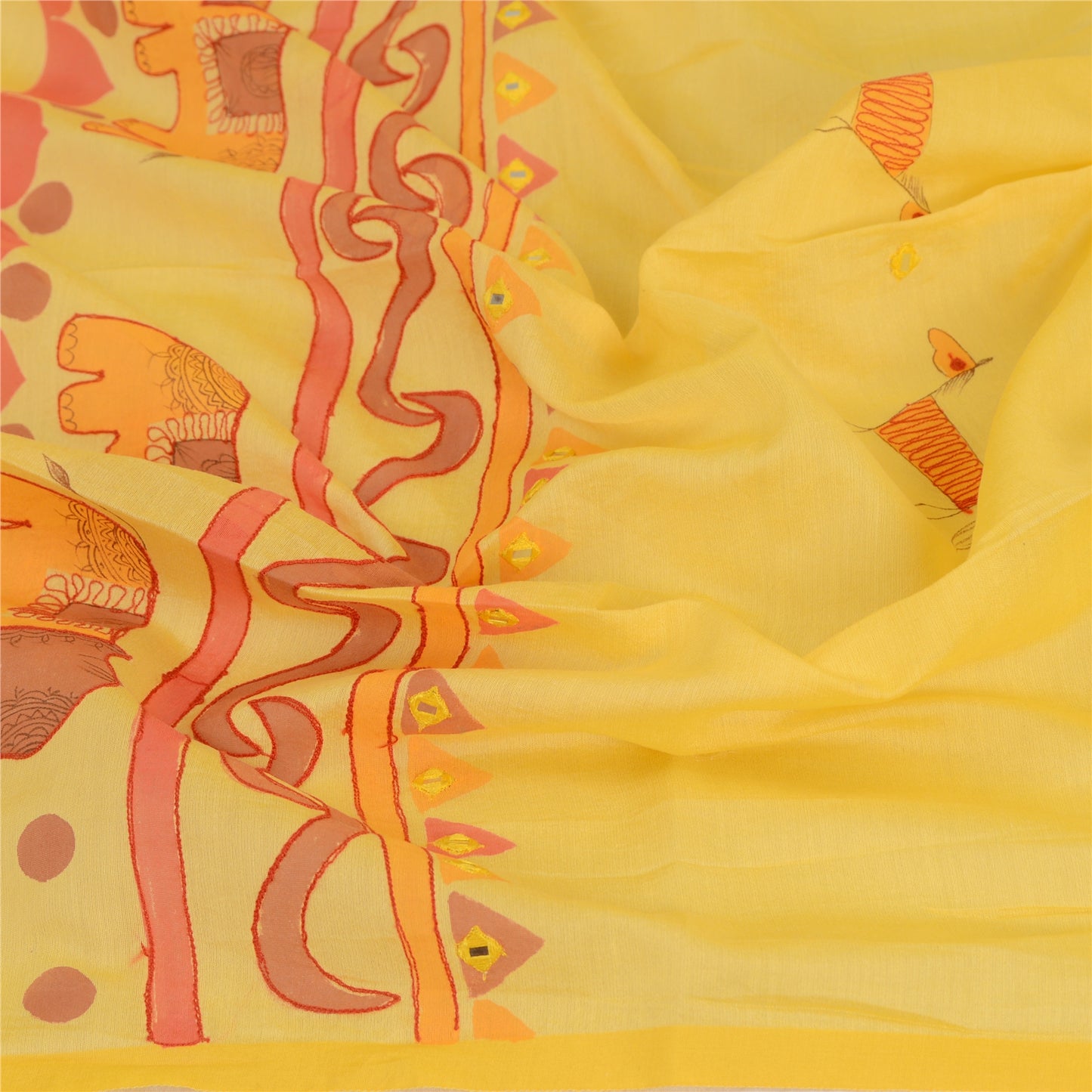 Sanskriti Vintage Dupatta Long Stole Cotton Yellow Hand-Painted Embroidered