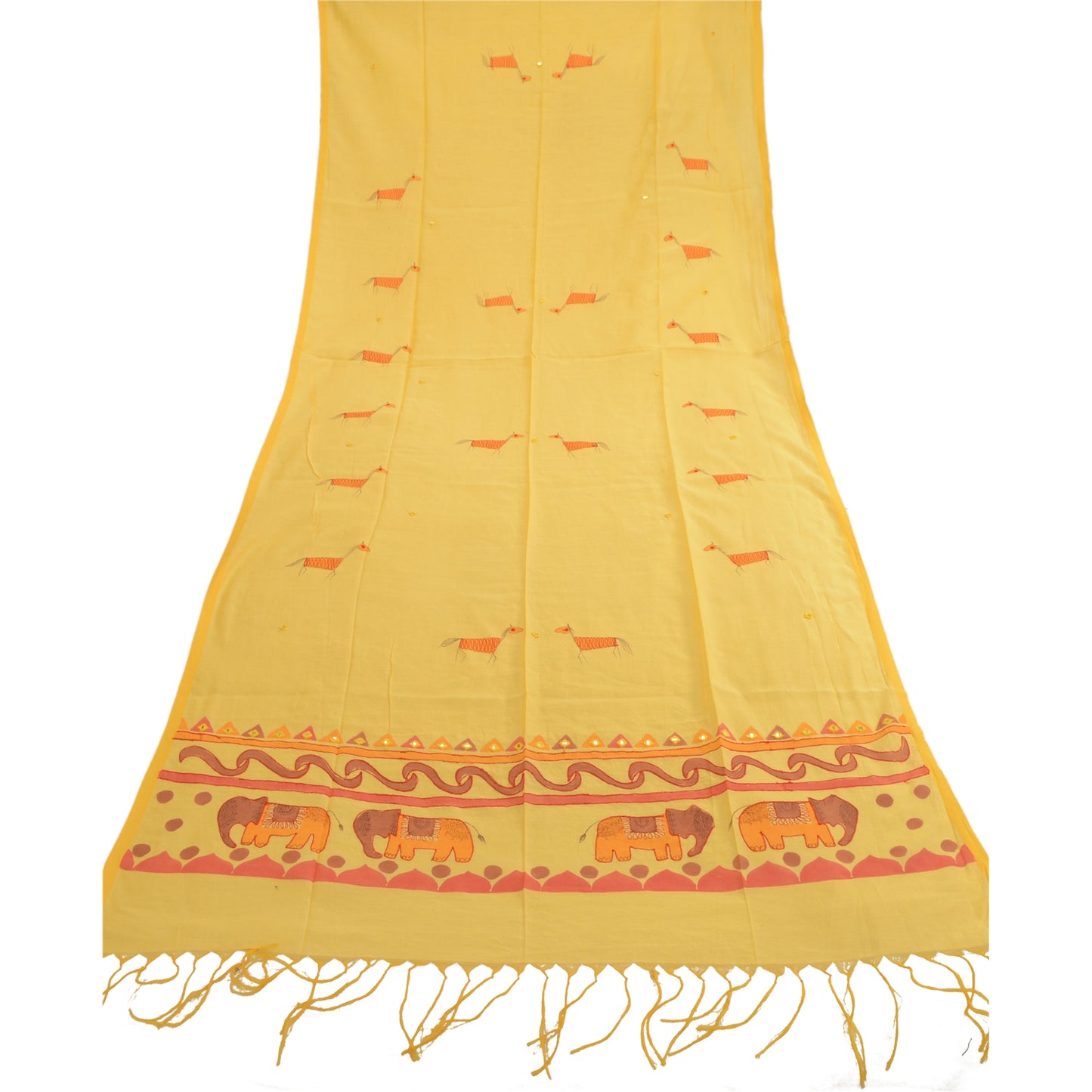 Sanskriti Vintage Dupatta Long Stole Cotton Yellow Hand-Painted Embroidered