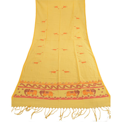 Sanskriti Vintage Dupatta Long Stole Cotton Yellow Hand-Painted Embroidered