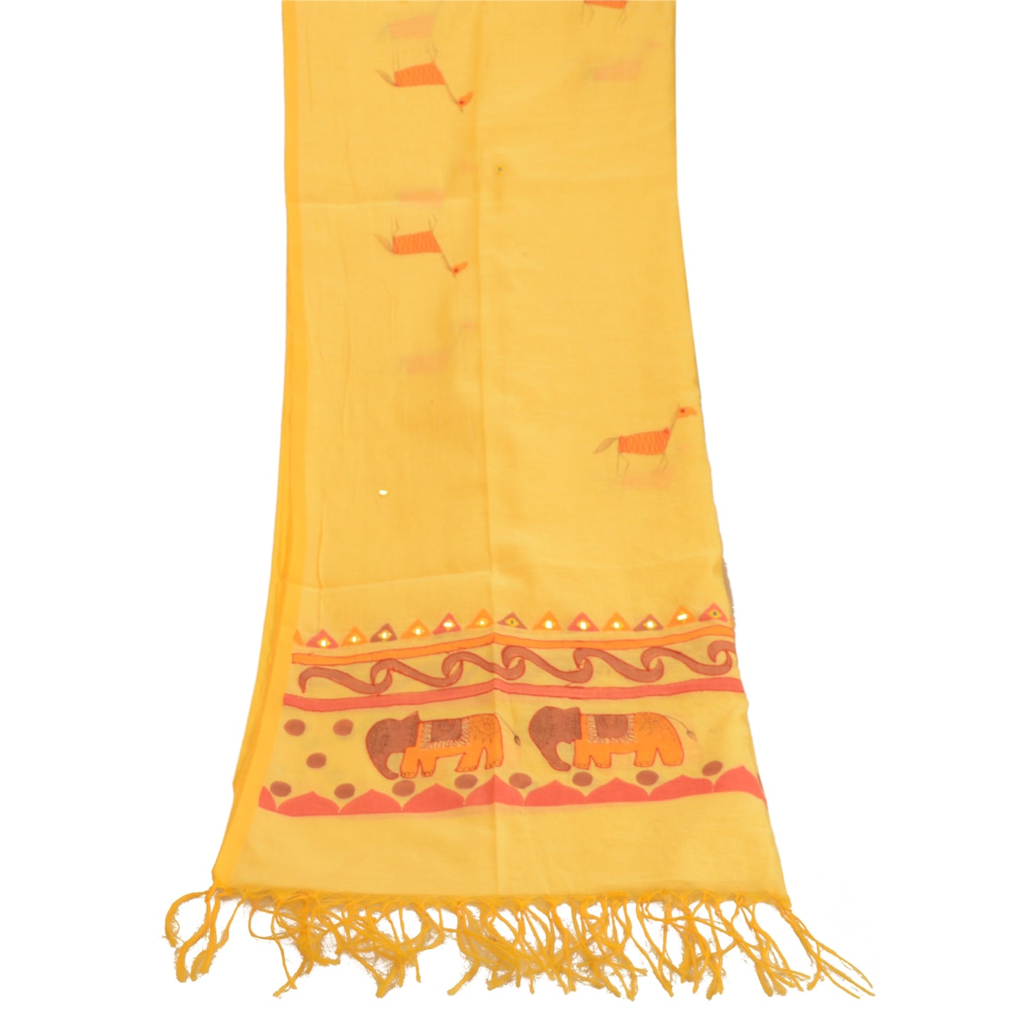 Sanskriti Vintage Dupatta Long Stole Cotton Yellow Hand-Painted Embroidered