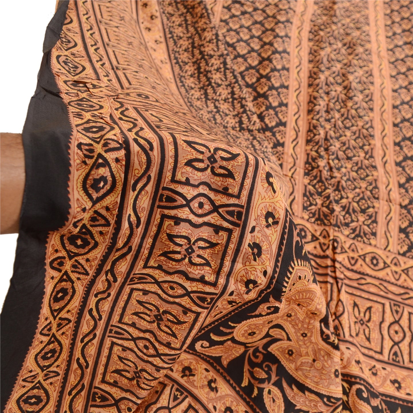 Sanskriti Vintage Dupatta Long Stole Pure Crepe Silk Black Printed Wrap Scarves