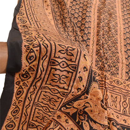 Sanskriti Vintage Dupatta Long Stole Pure Crepe Silk Black Printed Wrap Scarves