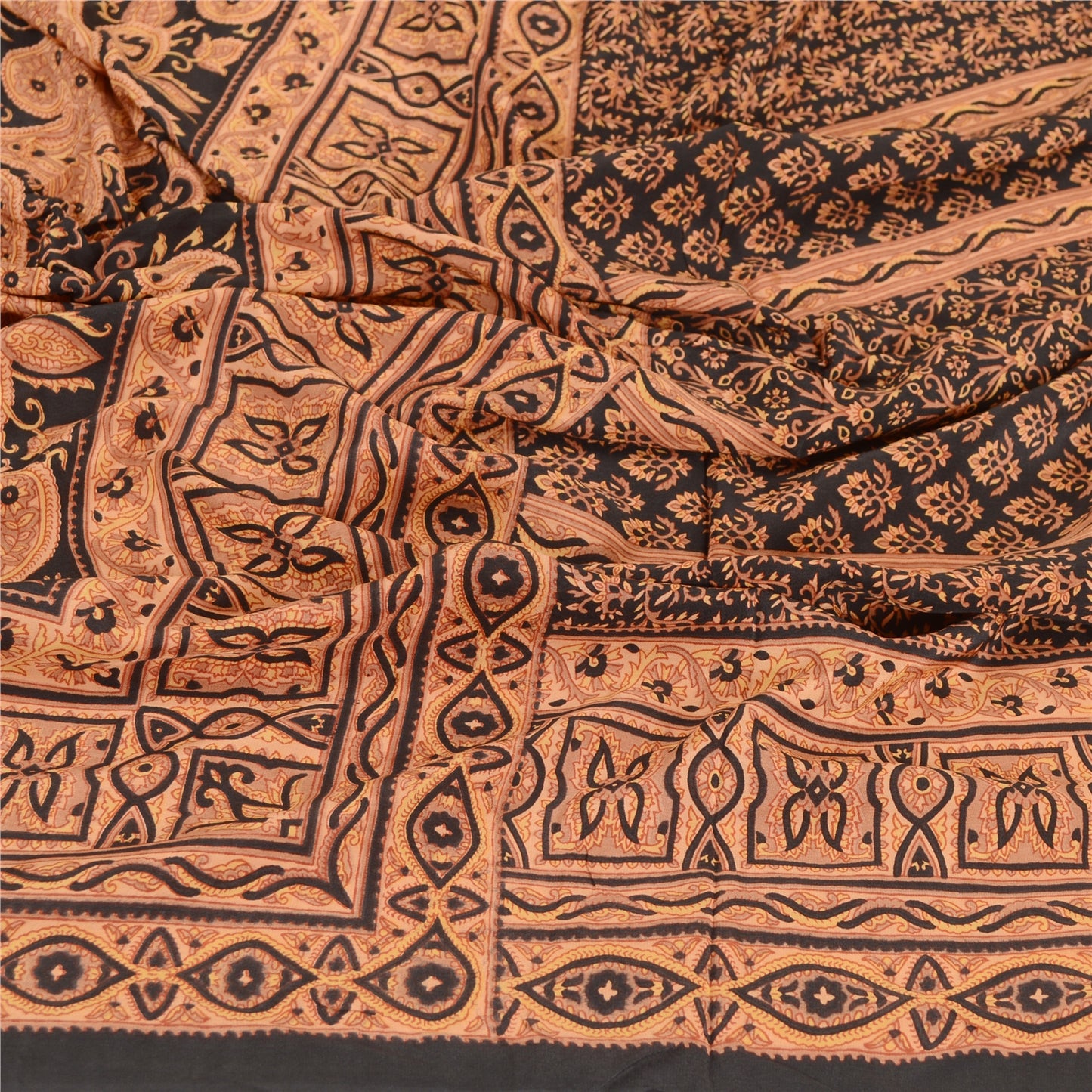 Sanskriti Vintage Dupatta Long Stole Pure Crepe Silk Black Printed Wrap Scarves