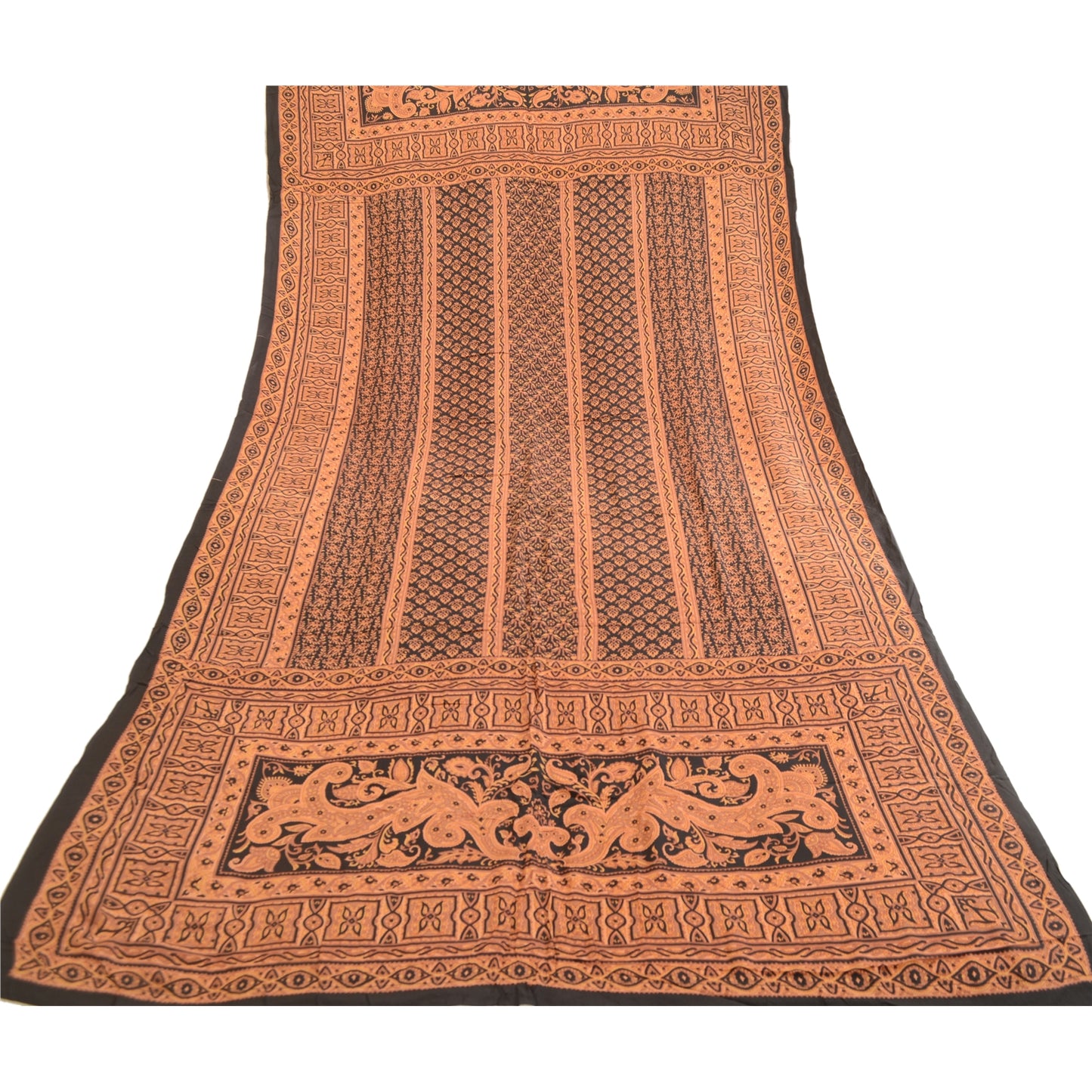 Sanskriti Vintage Dupatta Long Stole Pure Crepe Silk Black Printed Wrap Scarves