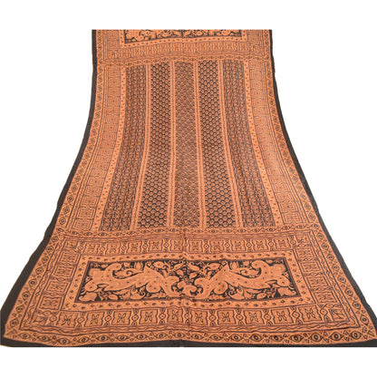 Sanskriti Vintage Dupatta Long Stole Pure Crepe Silk Black Printed Wrap Scarves