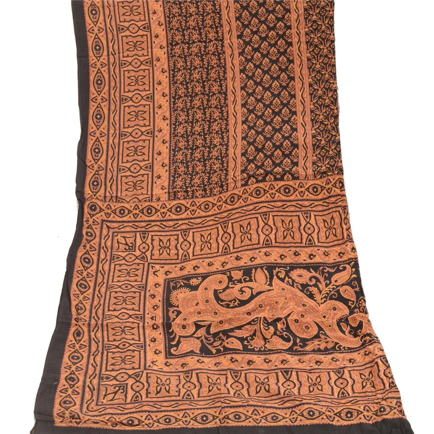 Sanskriti Vintage Dupatta Long Stole Pure Crepe Silk Black Printed Wrap Scarves