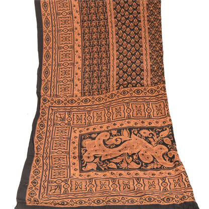 Sanskriti Vintage Dupatta Long Stole Pure Crepe Silk Black Printed Wrap Scarves