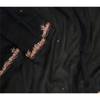 Sanskriti Vintage Dupatta Long Stole Pure Chiffon Silk Black Hand Beaded Scarves