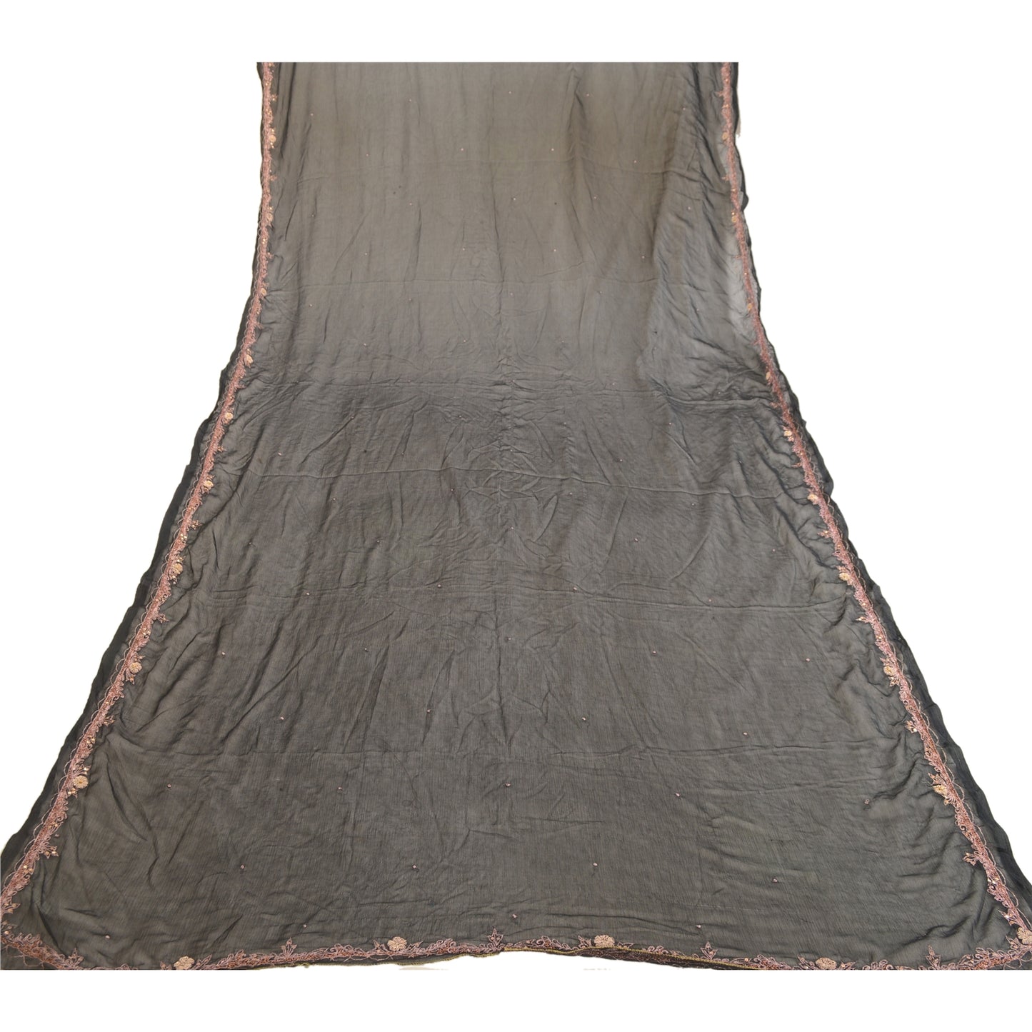 Sanskriti Vintage Dupatta Long Stole Pure Chiffon Silk Black Hand Beaded Scarves