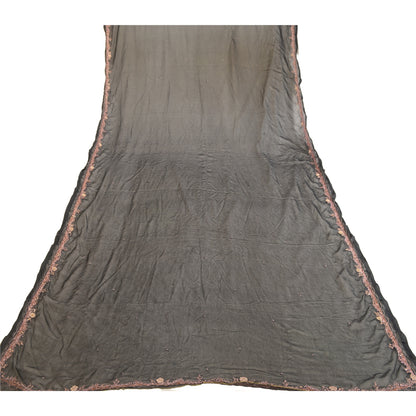 Sanskriti Vintage Dupatta Long Stole Pure Chiffon Silk Black Hand Beaded Scarves