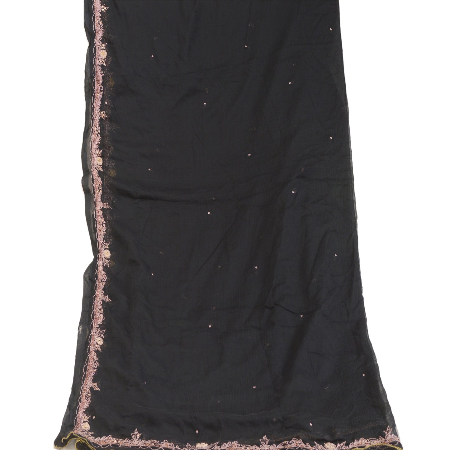Sanskriti Vintage Dupatta Long Stole Pure Chiffon Silk Black Hand Beaded Scarves