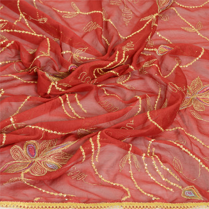 Sanskriti Vintage Dupatta Long Stole Georgette Dark Red Hand Beaded Wrap Scarves