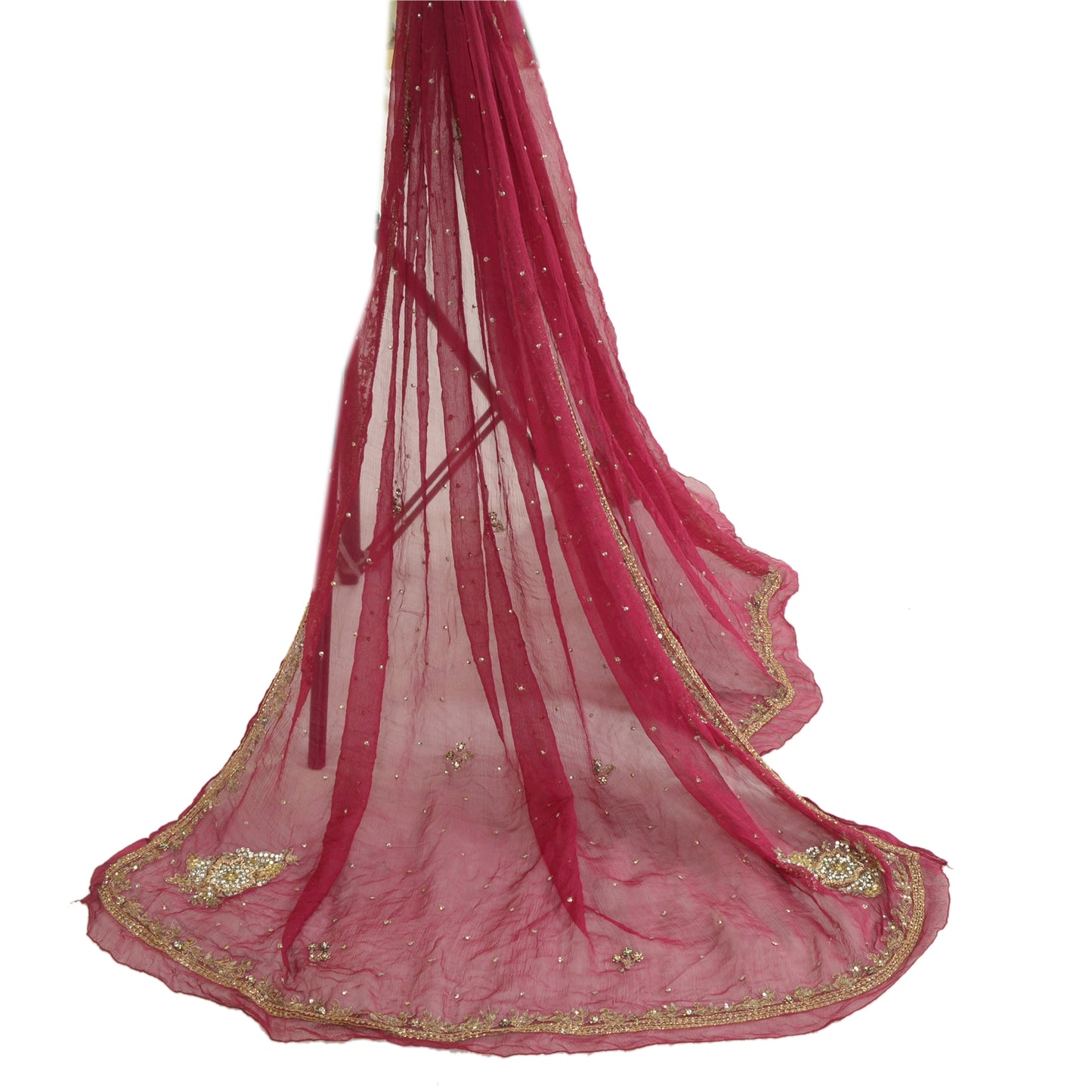 Sanskriti Vintage Purple Long Dupatta Stole Pure Chiffon Silk Hand Beaded Veil