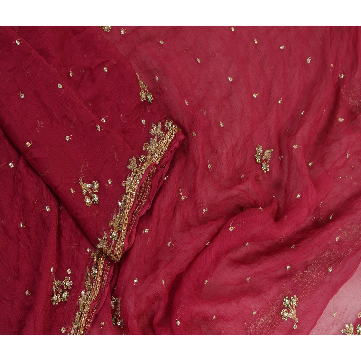 Sanskriti Vintage Purple Long Dupatta Stole Pure Chiffon Silk Hand Beaded Veil