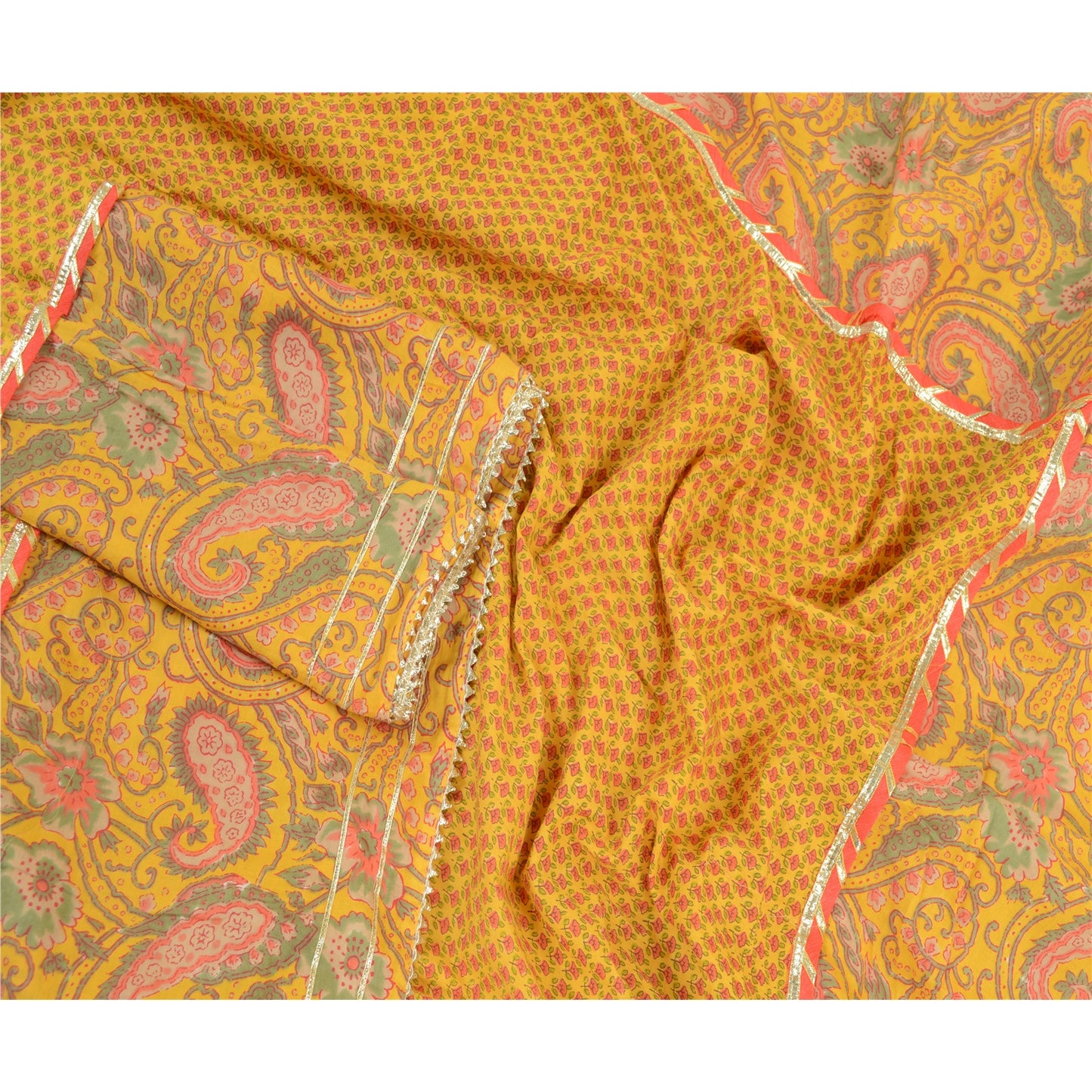 Sanskriti Vintage Yellow Dupatta Long Stole Pure Cotton Block Printed Kalamkari