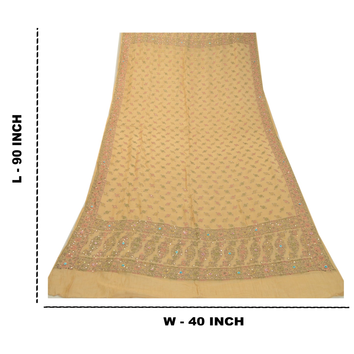 Sanskriti Vintage Cream Long Dupatta Stole Pure Silk Hand Beaded Woven Scarves