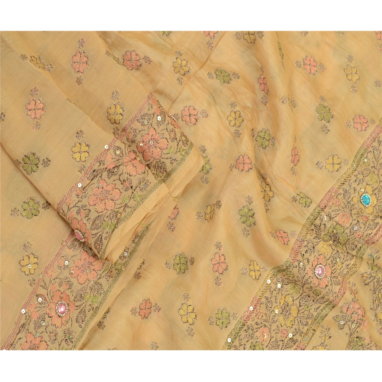Sanskriti Vintage Cream Long Dupatta Stole Pure Silk Hand Beaded Woven Scarves