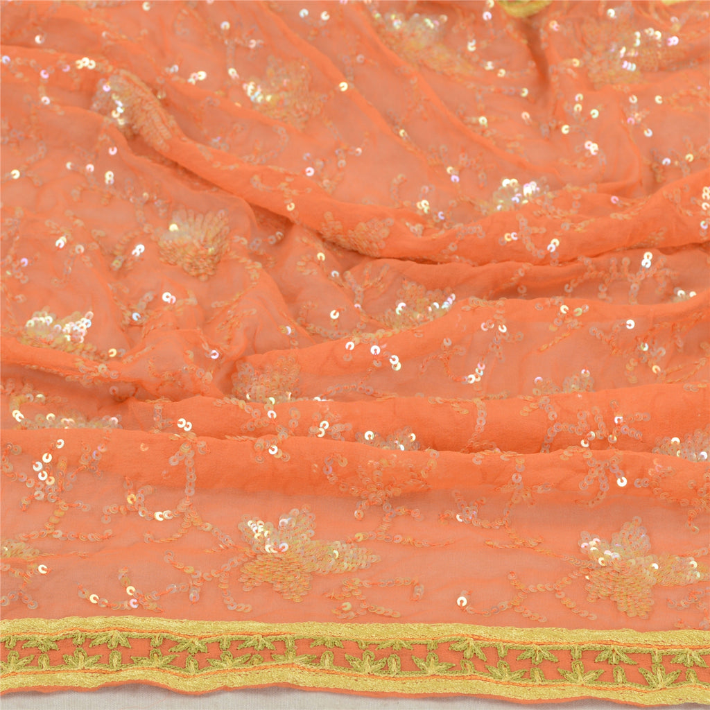 Sanskriti Vintage Peach Long Dupatta Stole Georgette Hand Beaded Scarves