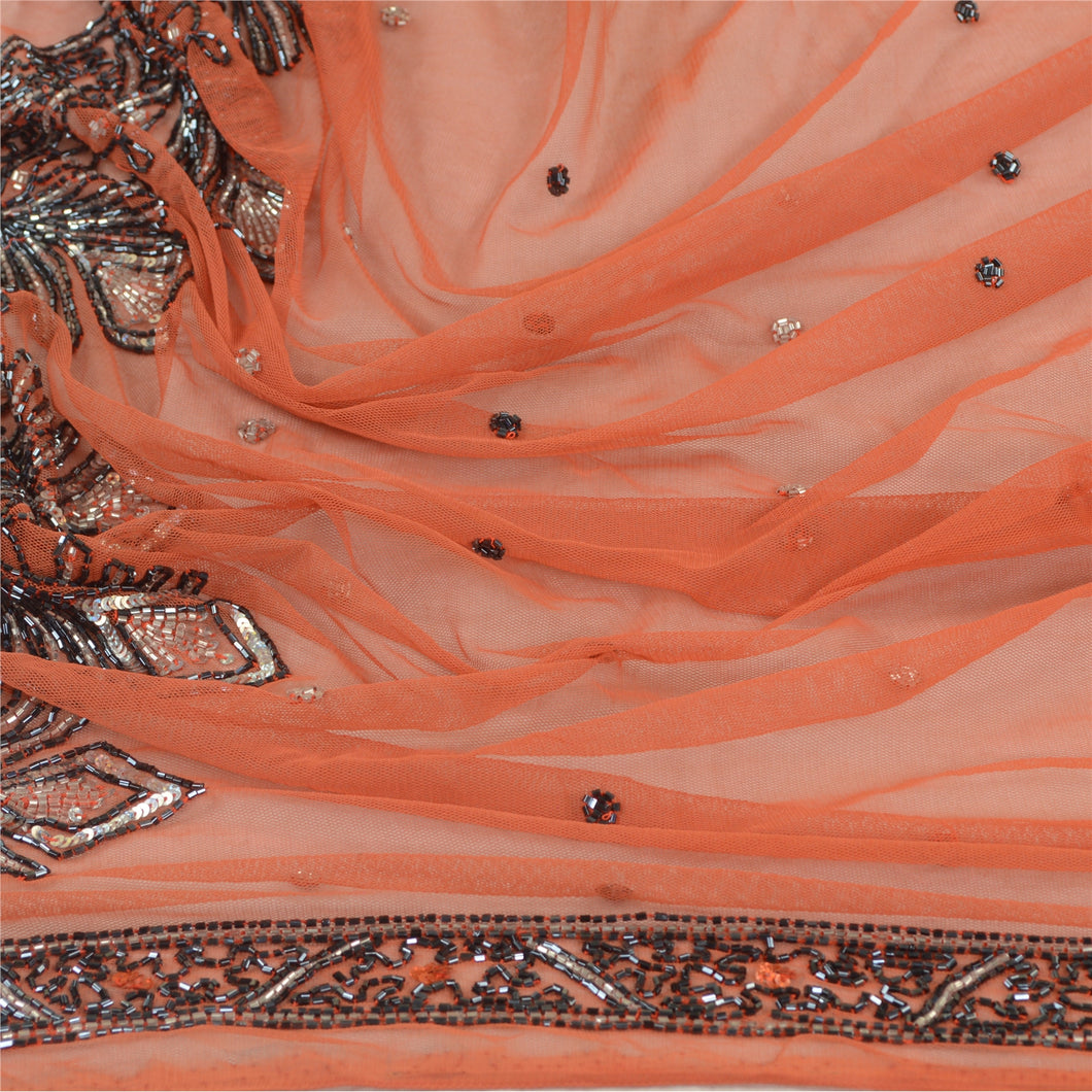 Sanskriti Vintage Orange Long Dupatta Stole Net Mesh Hand Glass Beads Wrap Veil
